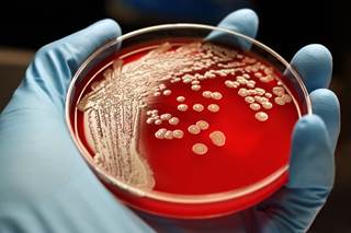 MRSA colonies on blood agar plate. MRSA colonies on blood agar plate.